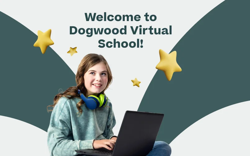 Student using a laptop with headphones next to the text “Welcome to Dogwood Virtual School” representing online learning.
